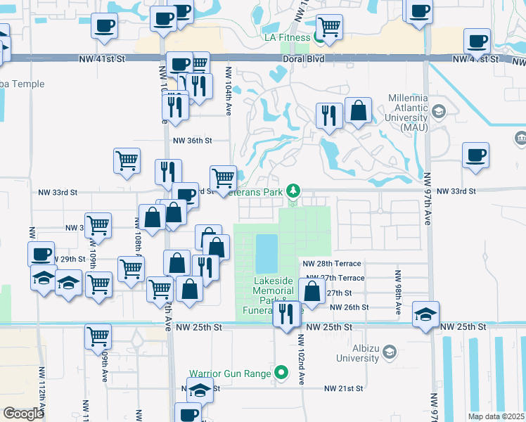 map of restaurants, bars, coffee shops, grocery stores, and more near 10359 Northwest 30th Terrace in Doral