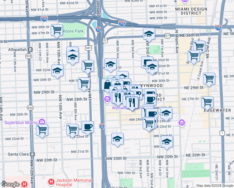map of restaurants, bars, coffee shops, grocery stores, and more near 2800 Northwest 5 Avenue in Miami