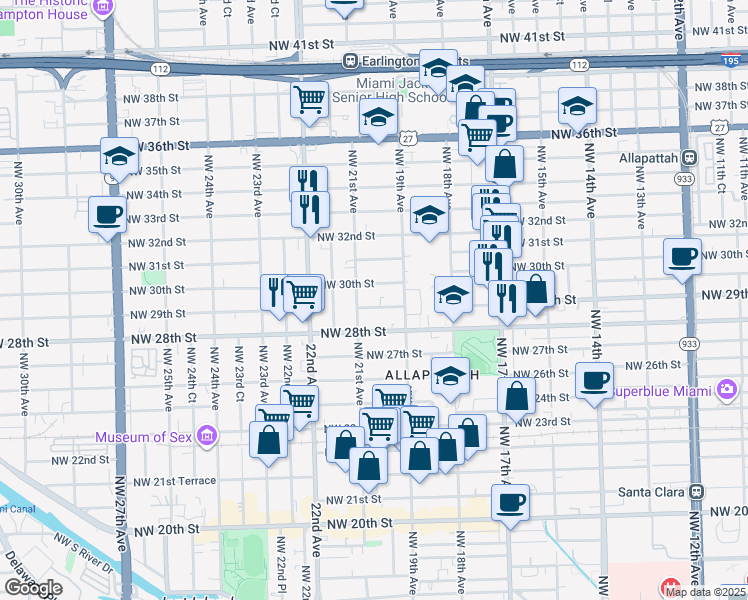 map of restaurants, bars, coffee shops, grocery stores, and more near 2015 Northwest 29th Street in Miami