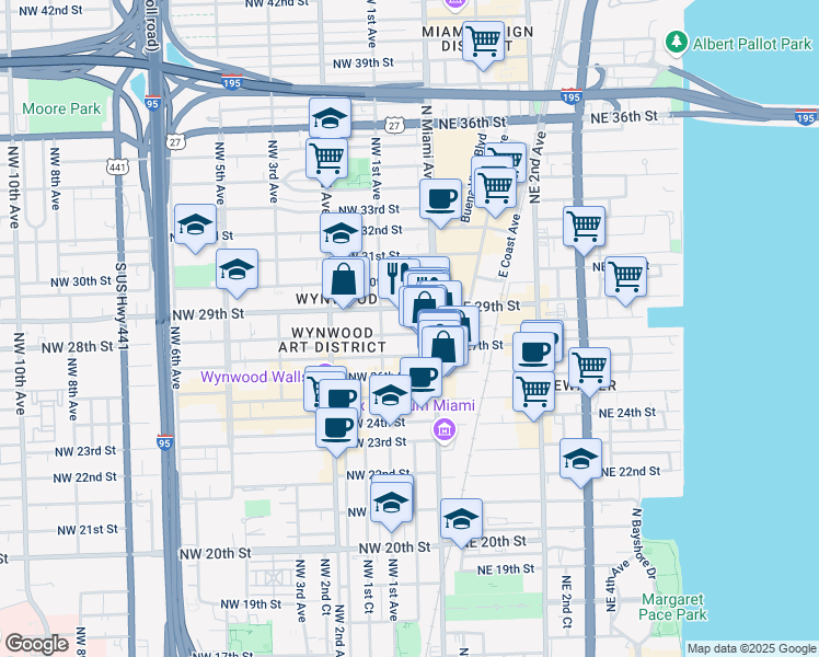 map of restaurants, bars, coffee shops, grocery stores, and more near 46 Northwest 28th Street in Miami