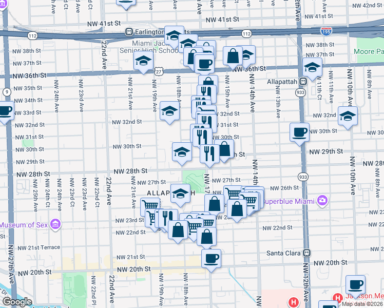 map of restaurants, bars, coffee shops, grocery stores, and more near 1740 Northwest 29th Street in Miami