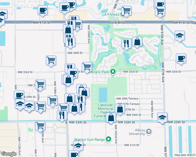 map of restaurants, bars, coffee shops, grocery stores, and more near 10359 Northwest 30th Terrace in Doral