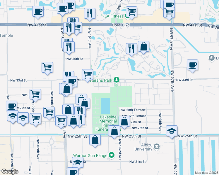 map of restaurants, bars, coffee shops, grocery stores, and more near 3129 Northwest 102nd Path in Doral