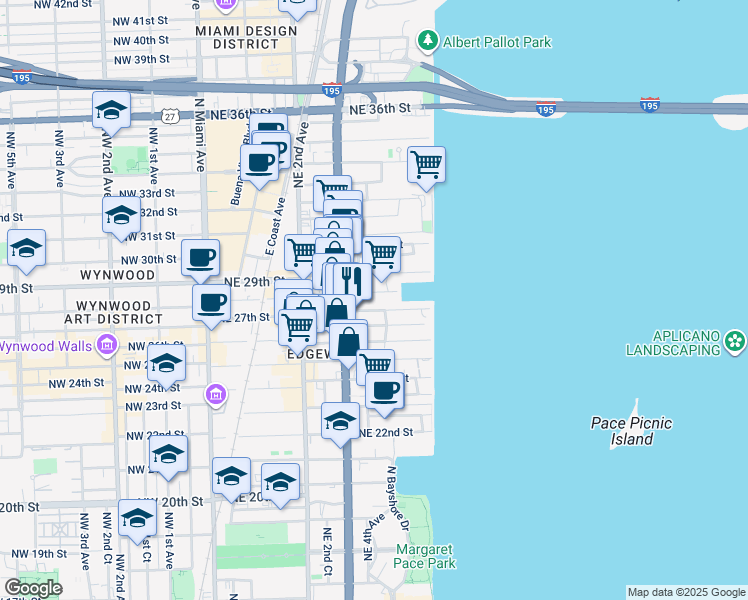 map of restaurants, bars, coffee shops, grocery stores, and more near 2701 Biscayne Boulevard in Miami