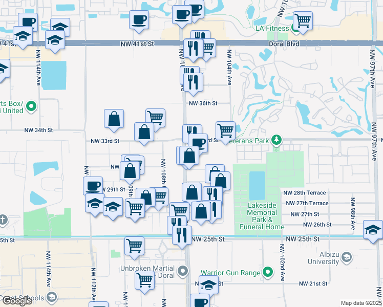 map of restaurants, bars, coffee shops, grocery stores, and more near 3265 Northwest 107th Avenue in Doral
