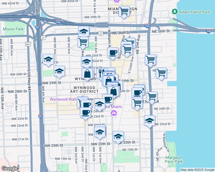 map of restaurants, bars, coffee shops, grocery stores, and more near 46 Northwest 28th Street in Miami