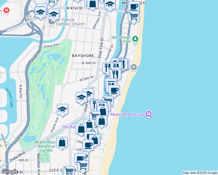 map of restaurants, bars, coffee shops, grocery stores, and more near in Miami Beach