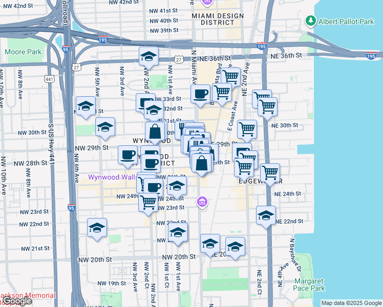 map of restaurants, bars, coffee shops, grocery stores, and more near 46 Northwest 28th Street in Miami