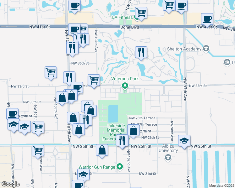 map of restaurants, bars, coffee shops, grocery stores, and more near 3129 Northwest 102nd Path in Doral