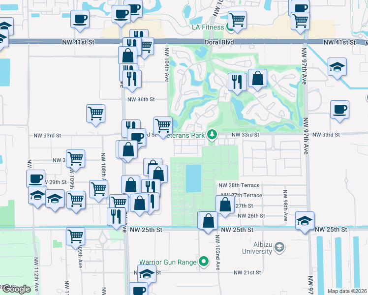 map of restaurants, bars, coffee shops, grocery stores, and more near 10359 Northwest 30th Terrace in Doral