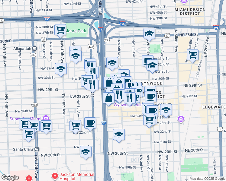 map of restaurants, bars, coffee shops, grocery stores, and more near 2801 Northwest 6th Avenue in Miami