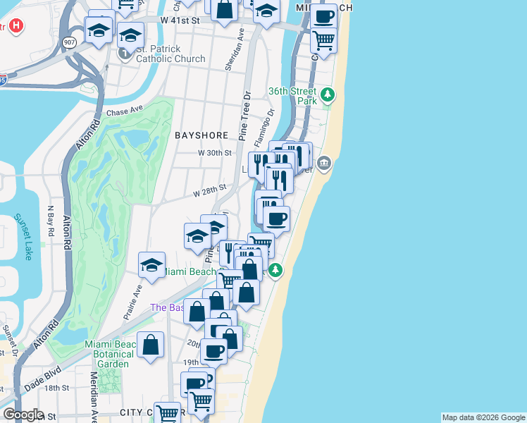 map of restaurants, bars, coffee shops, grocery stores, and more near in Miami Beach