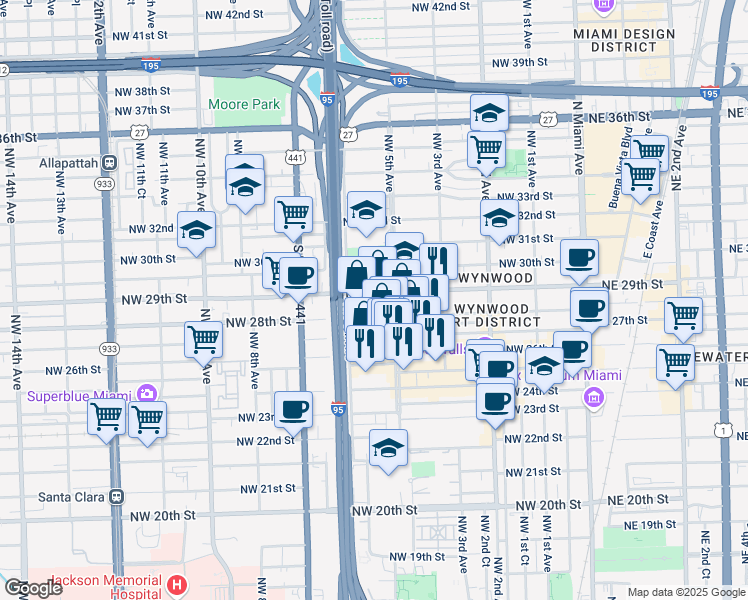 map of restaurants, bars, coffee shops, grocery stores, and more near 2800 Northwest 5 Avenue in Miami