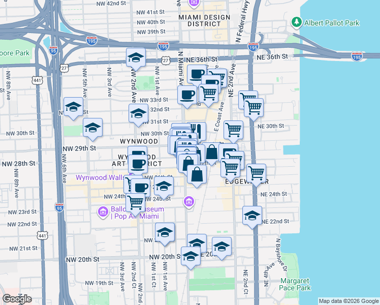 map of restaurants, bars, coffee shops, grocery stores, and more near in Miami