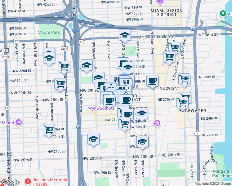 map of restaurants, bars, coffee shops, grocery stores, and more near 268 Northwest 29th Street in Miami