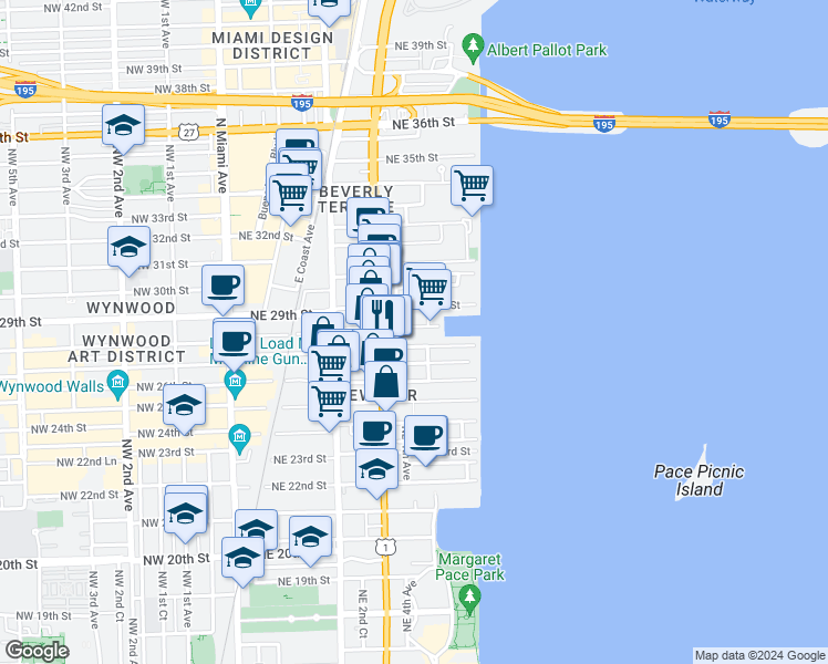 map of restaurants, bars, coffee shops, grocery stores, and more near 416 Northeast 28th Street in Miami