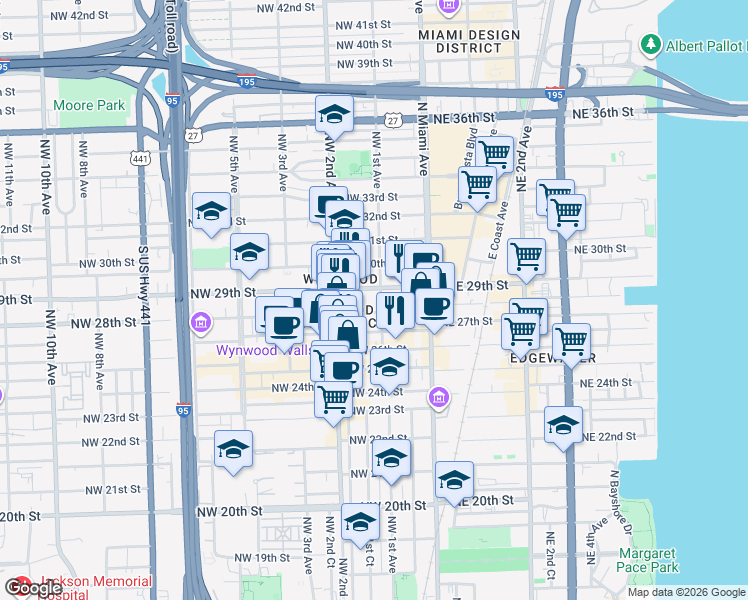 map of restaurants, bars, coffee shops, grocery stores, and more near 111 Northwest 28th Street in Miami