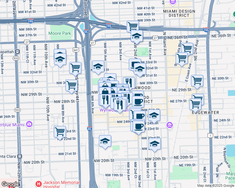 map of restaurants, bars, coffee shops, grocery stores, and more near 328 Northwest 29th Street in Miami