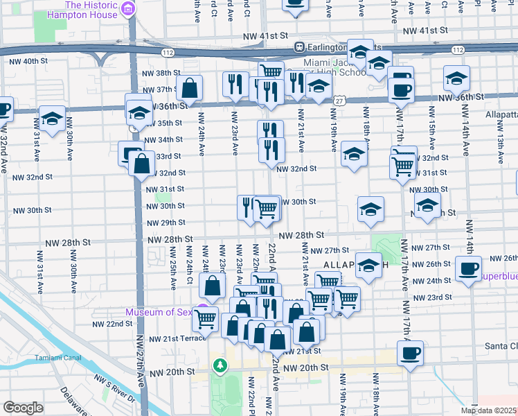 map of restaurants, bars, coffee shops, grocery stores, and more near 2900 Northwest 22nd Avenue in Miami