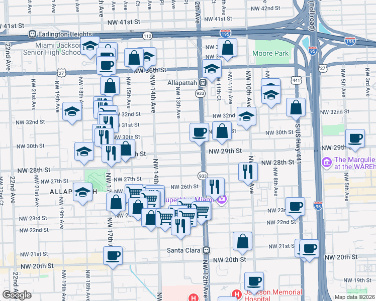 map of restaurants, bars, coffee shops, grocery stores, and more near 1278 Northwest 29th Street in Miami