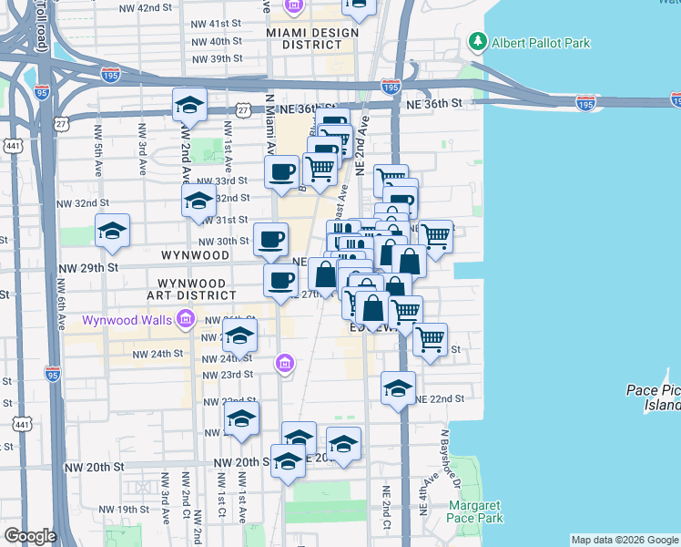 map of restaurants, bars, coffee shops, grocery stores, and more near 161 Northeast 27th Street in Miami