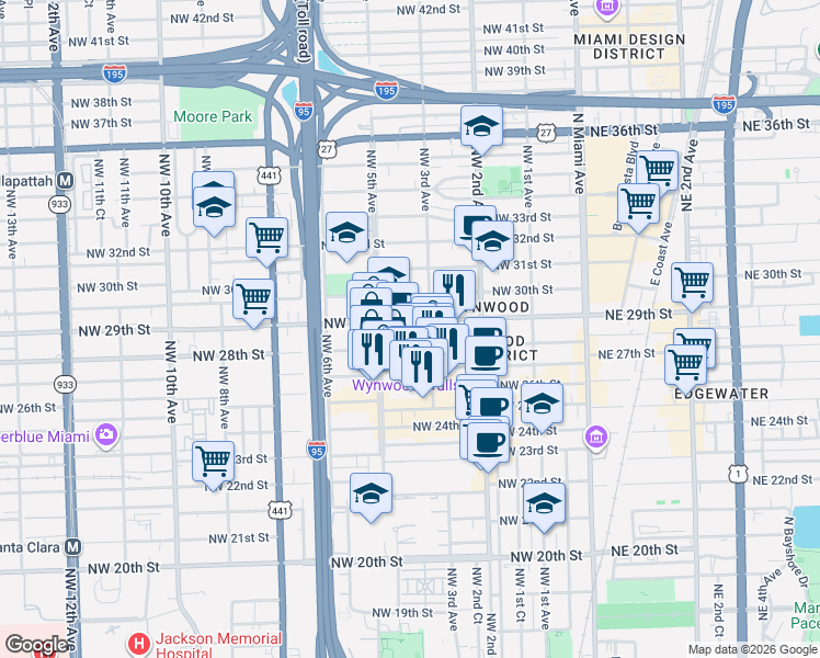 map of restaurants, bars, coffee shops, grocery stores, and more near 328 Northwest 29th Street in Miami