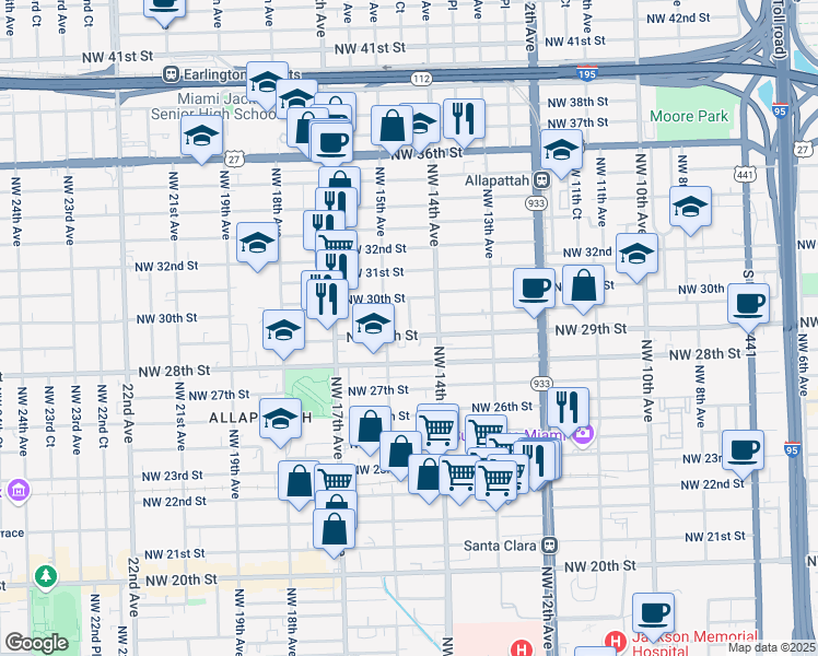map of restaurants, bars, coffee shops, grocery stores, and more near 1406 Northwest 29th Street in Miami