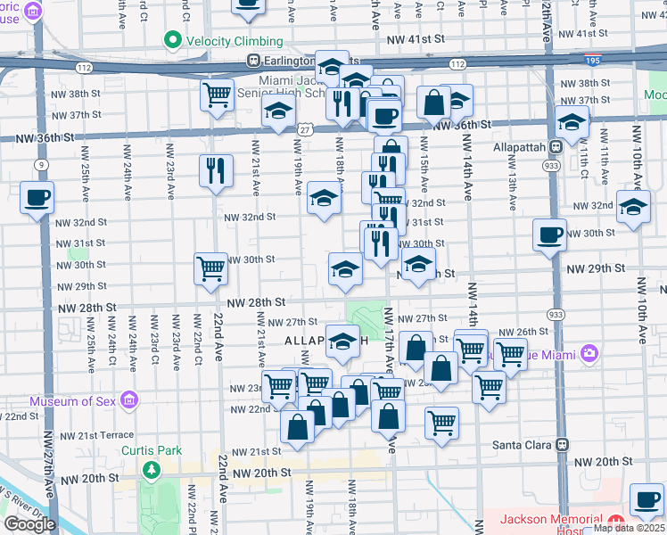 map of restaurants, bars, coffee shops, grocery stores, and more near in Miami