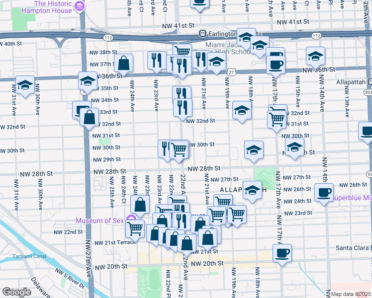 map of restaurants, bars, coffee shops, grocery stores, and more near 2900 Northwest 22nd Avenue in Miami