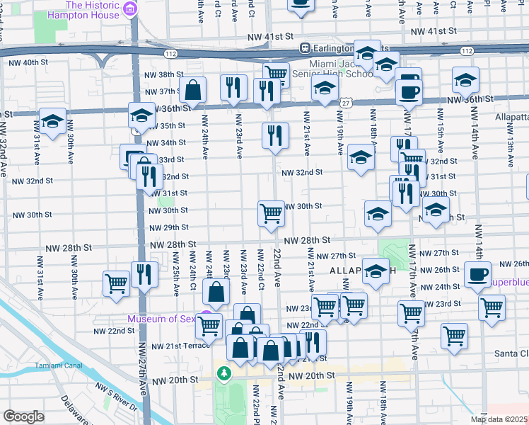 map of restaurants, bars, coffee shops, grocery stores, and more near 2900 Northwest 22nd Avenue in Miami