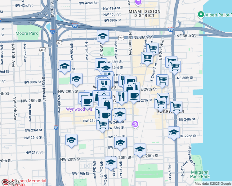 map of restaurants, bars, coffee shops, grocery stores, and more near 111 Northwest 28th Street in Miami
