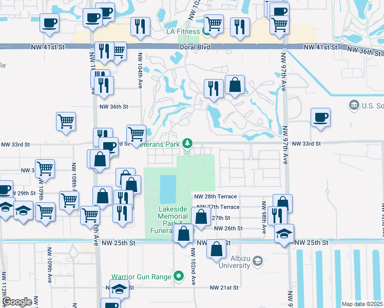 map of restaurants, bars, coffee shops, grocery stores, and more near 3132 Northwest 101st Place in Doral