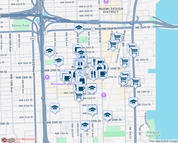 map of restaurants, bars, coffee shops, grocery stores, and more near 111 Northwest 28th Street in Miami