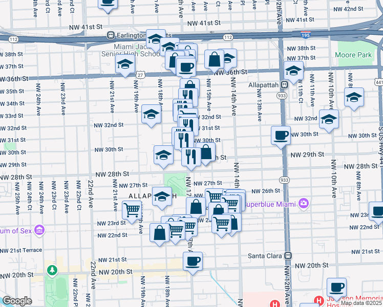 map of restaurants, bars, coffee shops, grocery stores, and more near 1590 Northwest 29th Street in Miami
