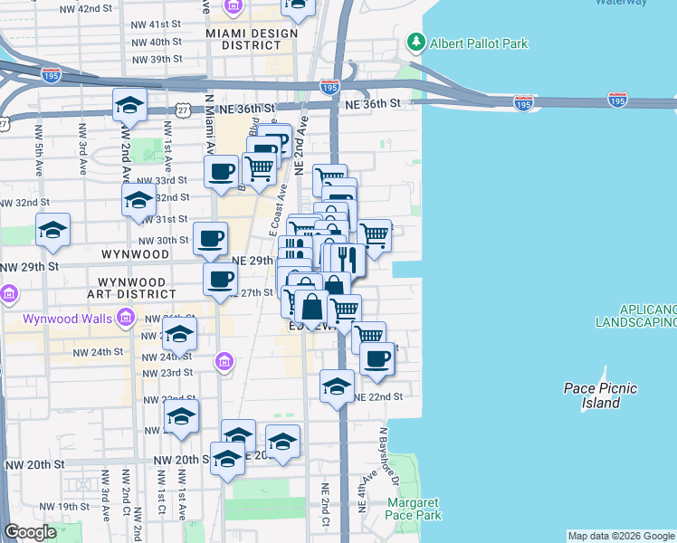 map of restaurants, bars, coffee shops, grocery stores, and more near Biscayne Blvd & NE 28th St in Miami
