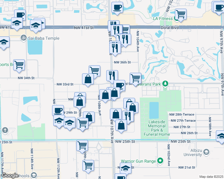 map of restaurants, bars, coffee shops, grocery stores, and more near 3265 Northwest 107th Avenue in Doral