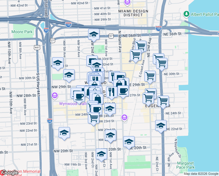 map of restaurants, bars, coffee shops, grocery stores, and more near 90 Northwest 29th Street in Miami