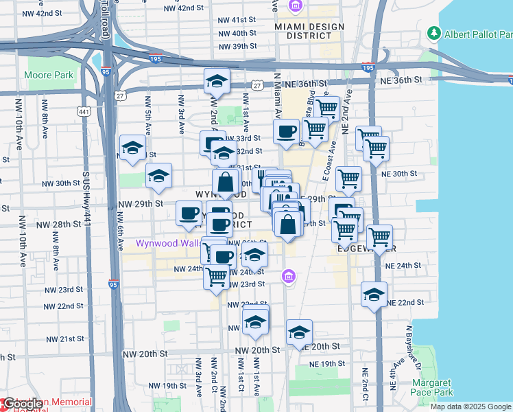 map of restaurants, bars, coffee shops, grocery stores, and more near 46 Northwest 28th Street in Miami