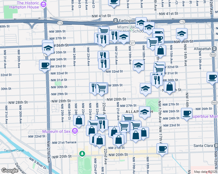 map of restaurants, bars, coffee shops, grocery stores, and more near 2901 Northwest 21st Court in Miami