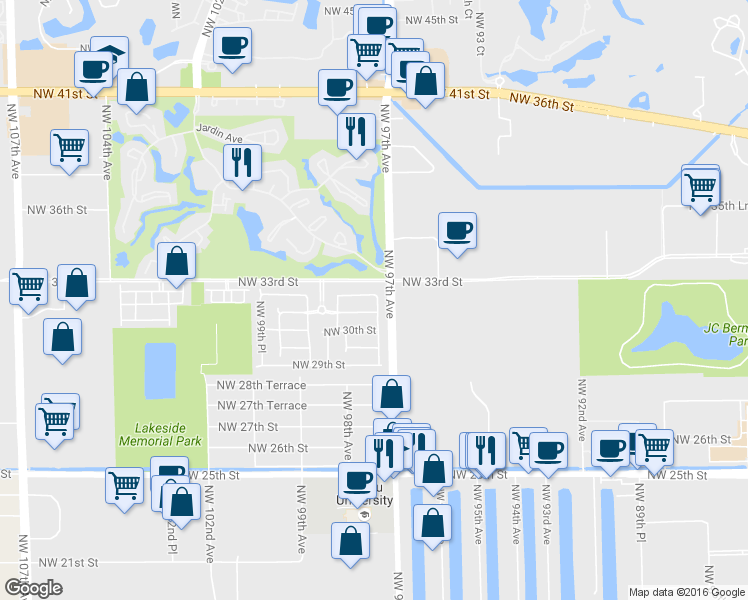 map of restaurants, bars, coffee shops, grocery stores, and more near 3073 Northwest 97th Court in Doral