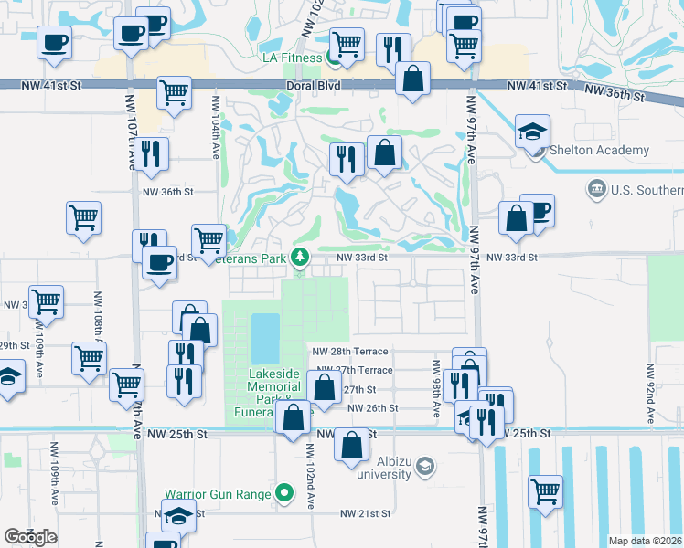 map of restaurants, bars, coffee shops, grocery stores, and more near 3068 Northwest 99th Place in Doral