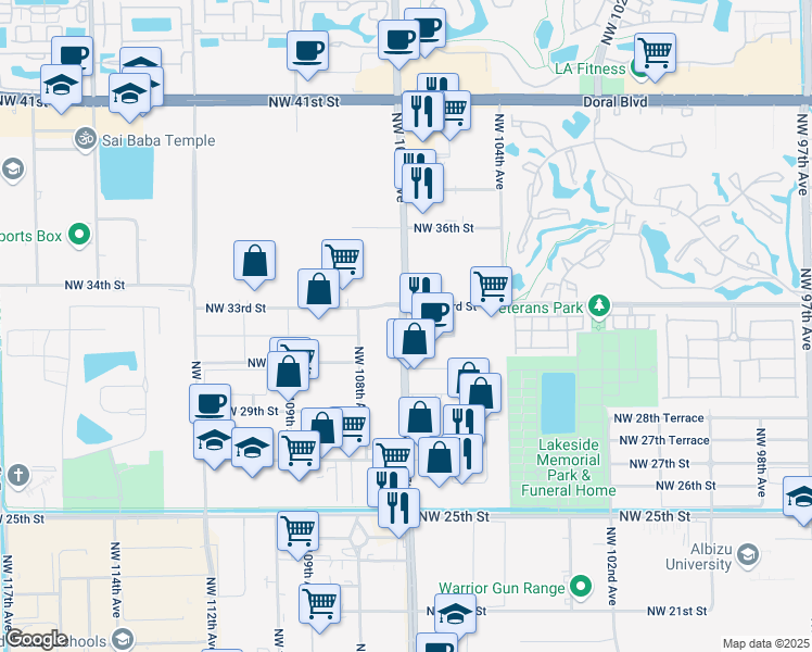 map of restaurants, bars, coffee shops, grocery stores, and more near in Doral