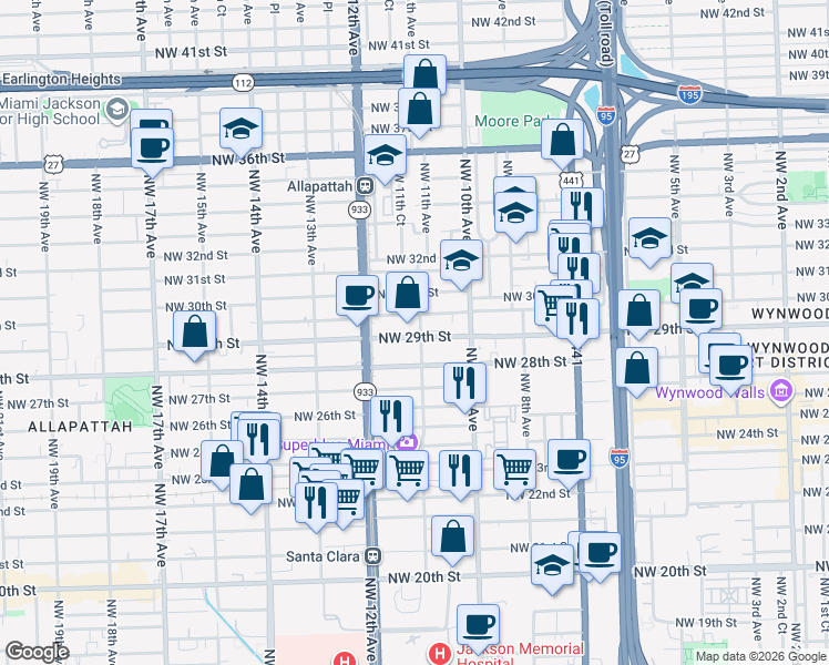 map of restaurants, bars, coffee shops, grocery stores, and more near 1128 Northwest 29th Street in Miami