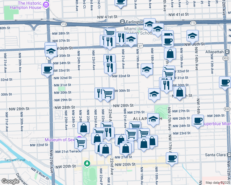 map of restaurants, bars, coffee shops, grocery stores, and more near 2901 Northwest 21st Court in Miami