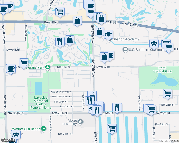 map of restaurants, bars, coffee shops, grocery stores, and more near 3073 Northwest 97th Court in Doral