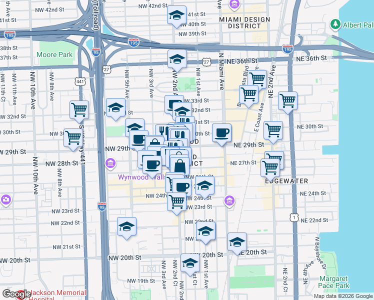 map of restaurants, bars, coffee shops, grocery stores, and more near 197 Northwest 28th Street in Miami