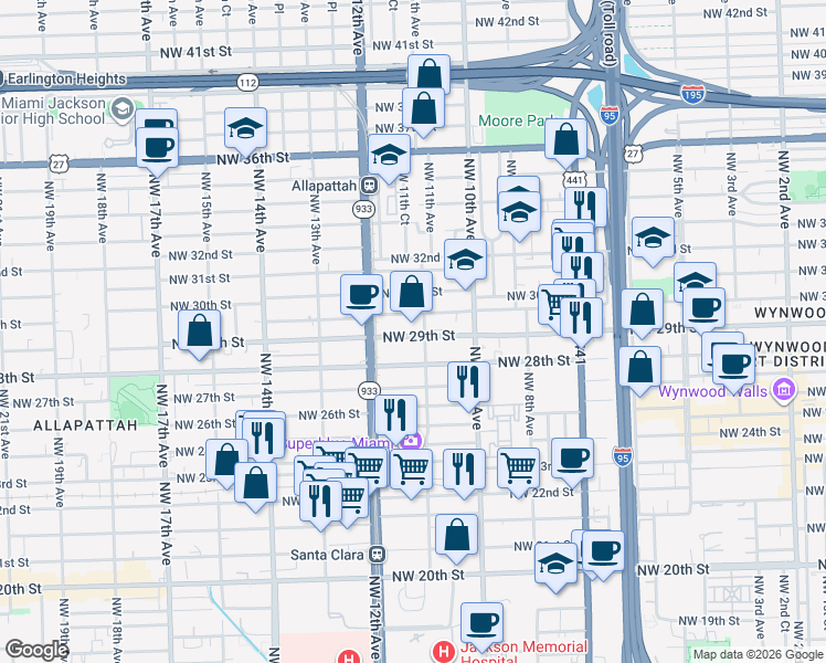 map of restaurants, bars, coffee shops, grocery stores, and more near 1128 Northwest 29th Street in Miami