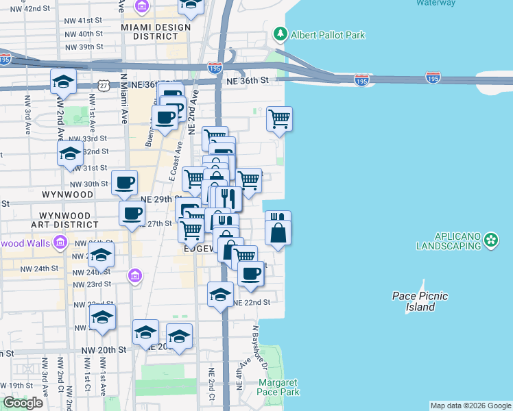 map of restaurants, bars, coffee shops, grocery stores, and more near 511 Northeast 27th Street in Miami