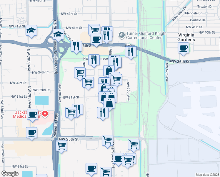 map of restaurants, bars, coffee shops, grocery stores, and more near 3201 Northwest 72nd Avenue in Miami
