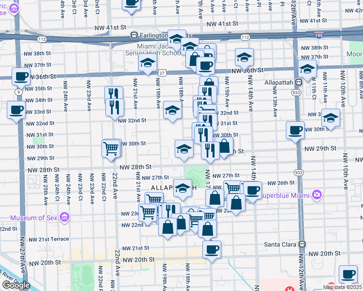 map of restaurants, bars, coffee shops, grocery stores, and more near 2926 Northwest 18th Avenue in Miami
